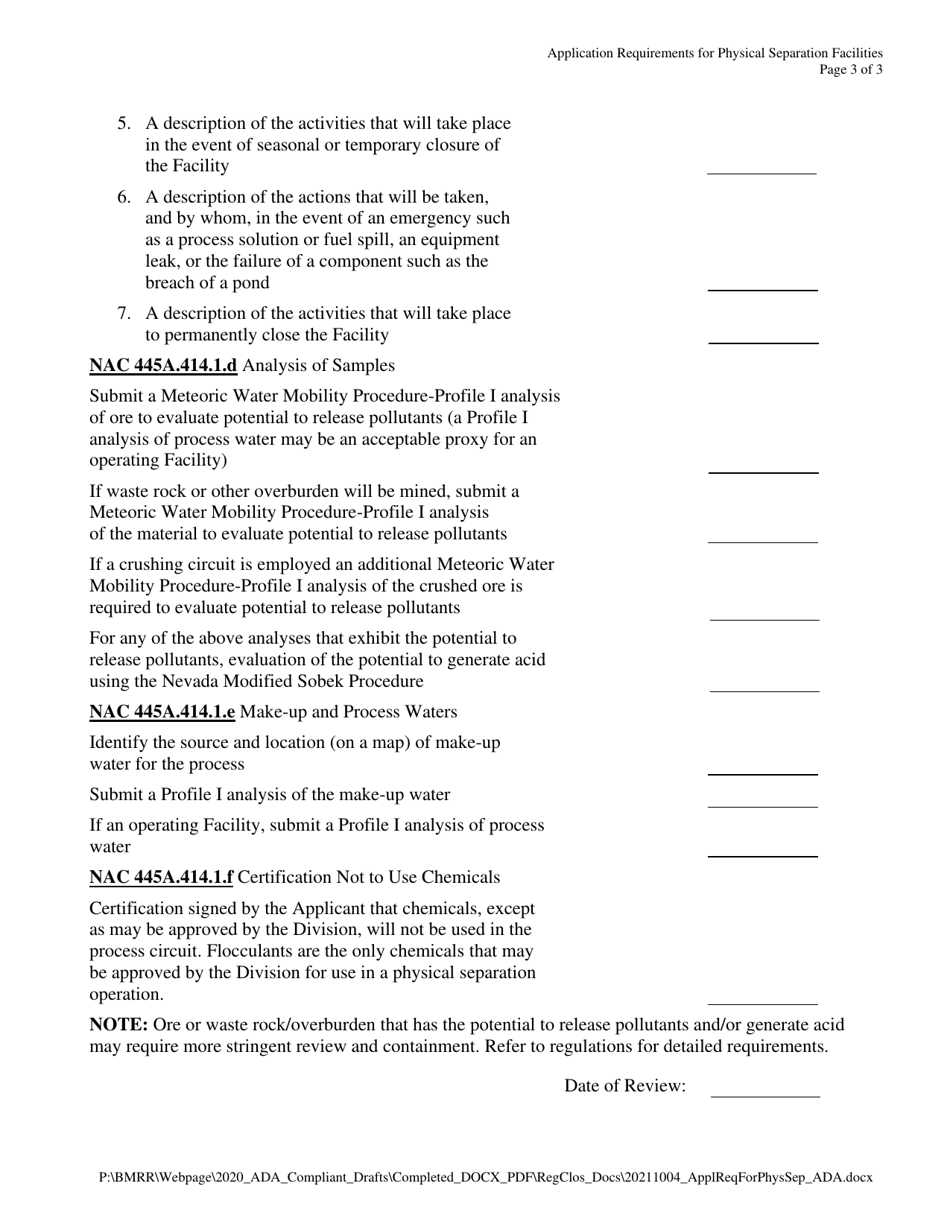 Application Requirements for Physical Separation Facilities - Nevada, Page 3
