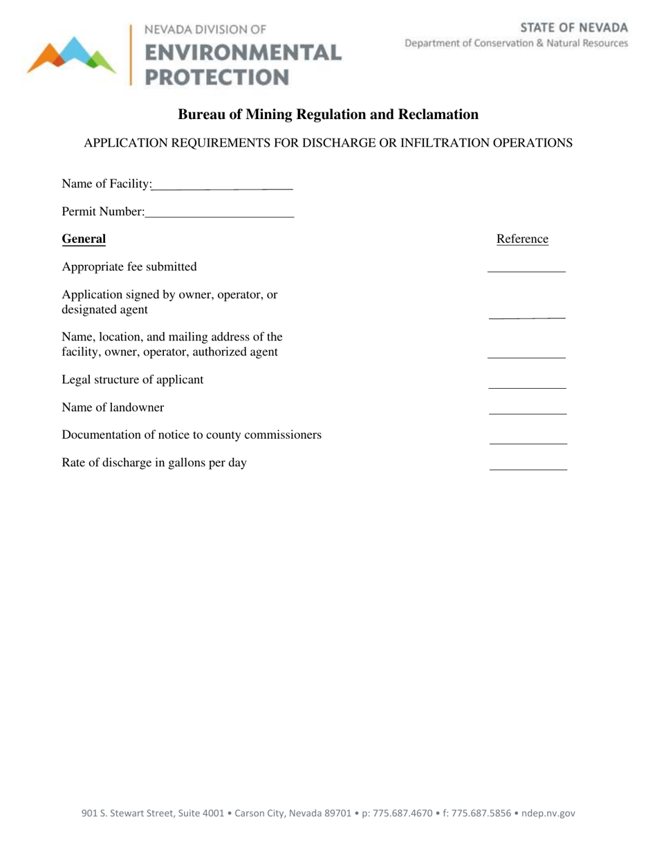 Application Requirements for Discharge or Infiltration Operations - Nevada, Page 1