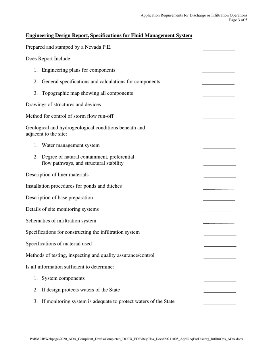 Application Requirements for Discharge or Infiltration Operations - Nevada, Page 3