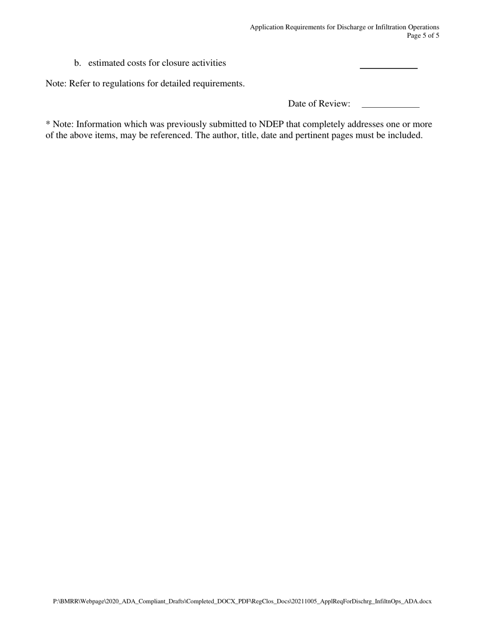 Application Requirements for Discharge or Infiltration Operations - Nevada, Page 5