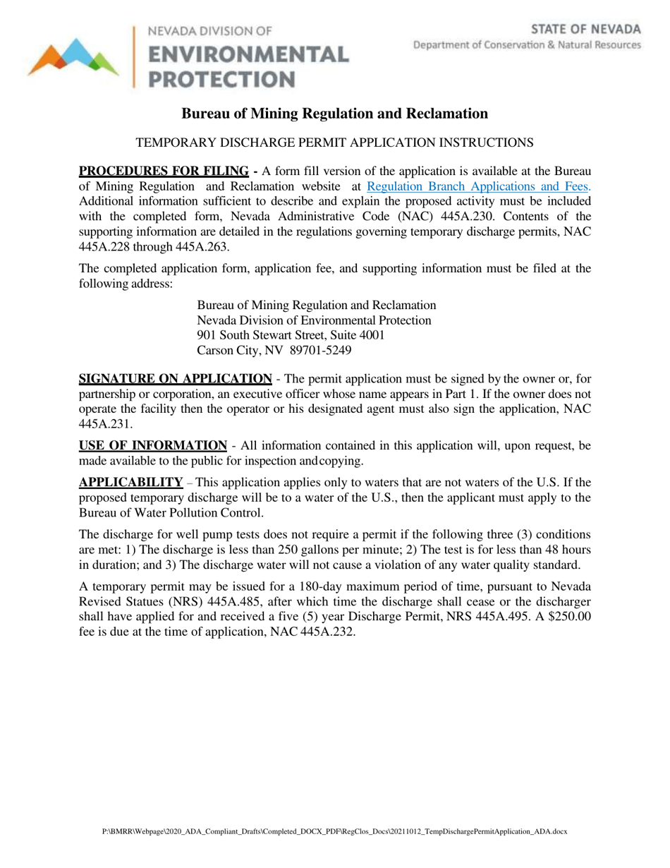 Temporary Discharge Permit Application - Nevada, Page 1