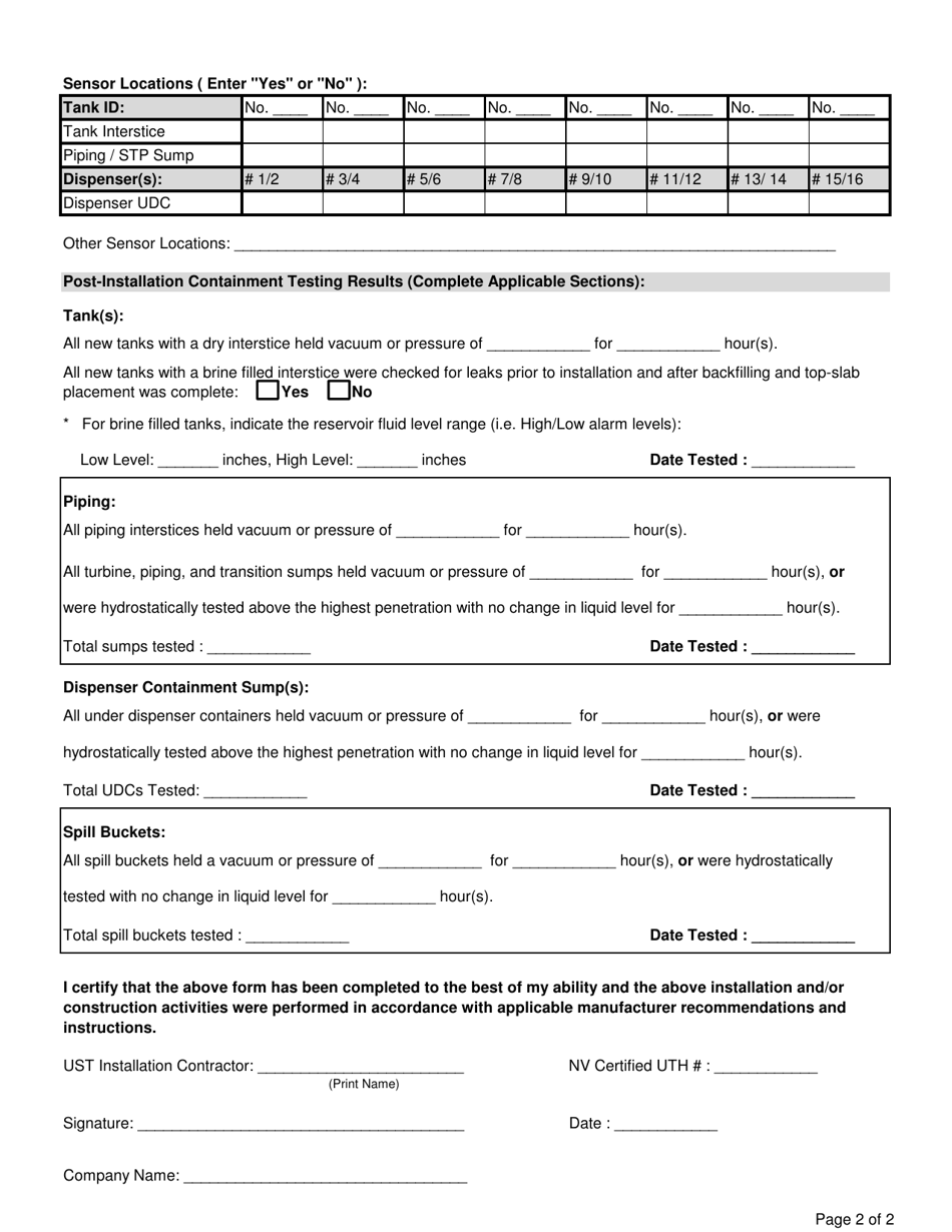 Post-installation Testing of New or Replaced Underground Storage Tanks, Product Piping, and / or Motor Fuel Dispensers - Nevada, Page 2
