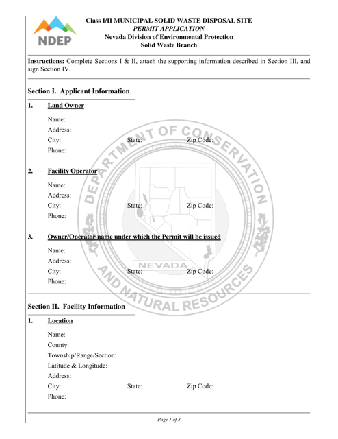 Class I/II Municipal Solid Waste Disposal Site Permit Application - Nevada