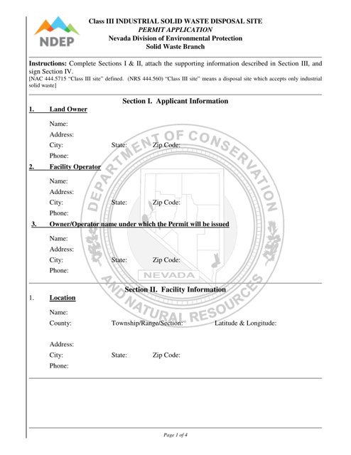 Class Iii Industrial Solid Waste Disposal Site Permit Application - Nevada Download Pdf