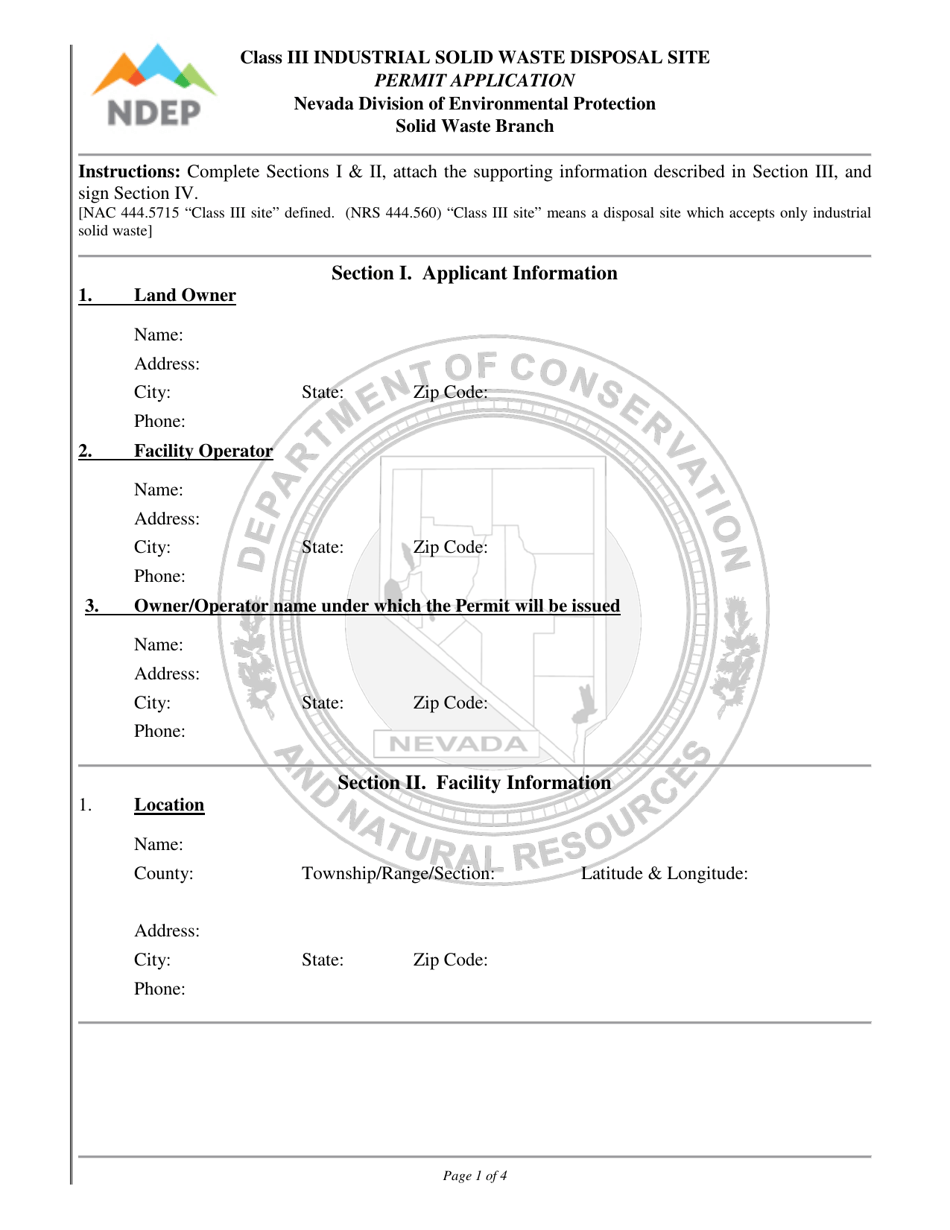 Class Iii Industrial Solid Waste Disposal Site Permit Application - Nevada, Page 1