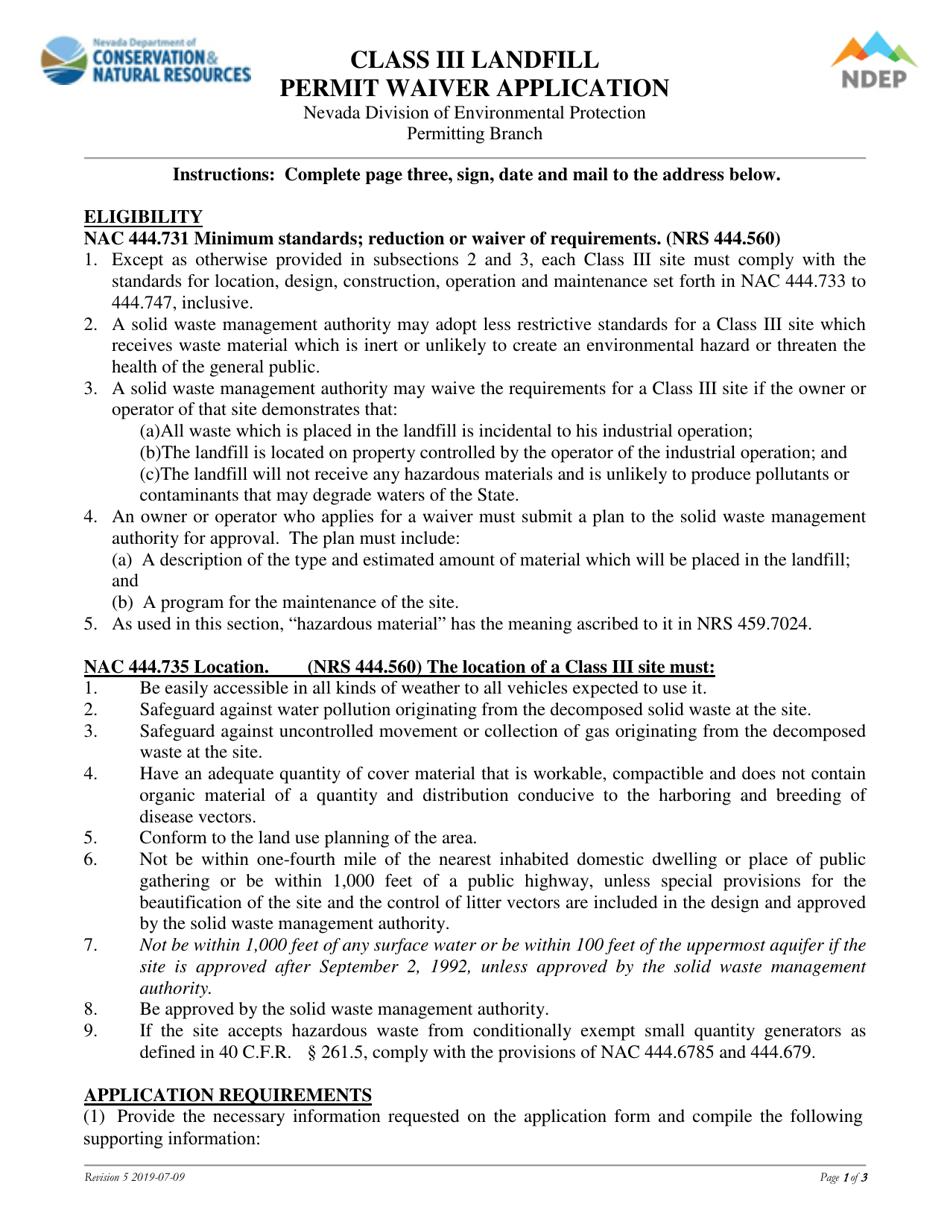 Part 1 Class Iii Landfill Permit Waiver Application - Nevada, Page 1