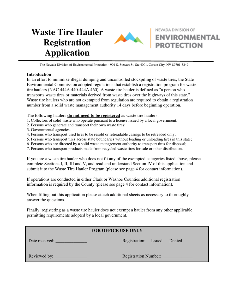 Waste Tire Hauler Registration Application - Nevada, Page 1
