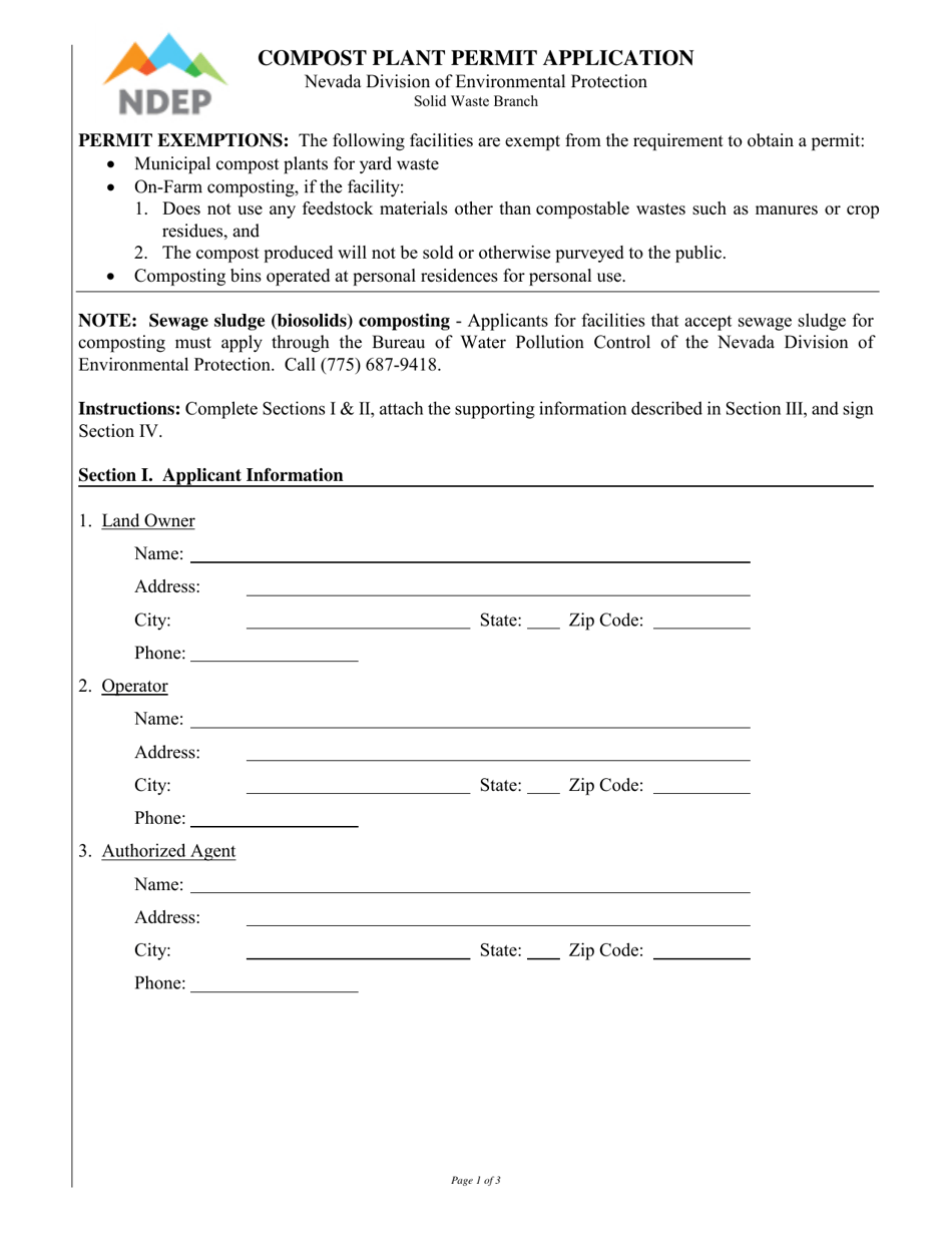 Compost Plant Permit Application - Nevada, Page 1