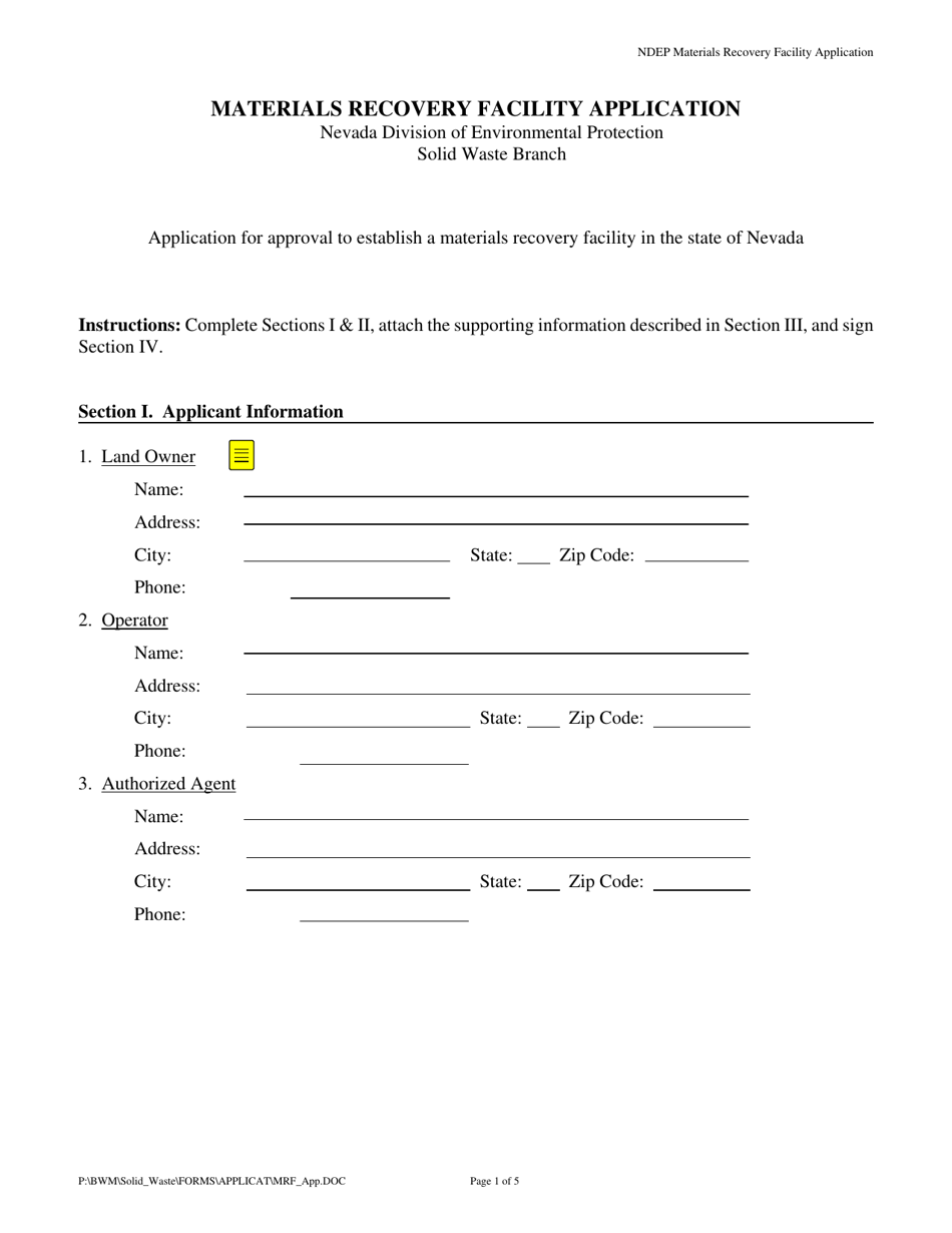 Materials Recovery Facility Application - Nevada, Page 1