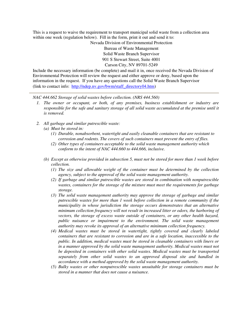 Msw Storage / Transport Waiver Application - Nevada, Page 1