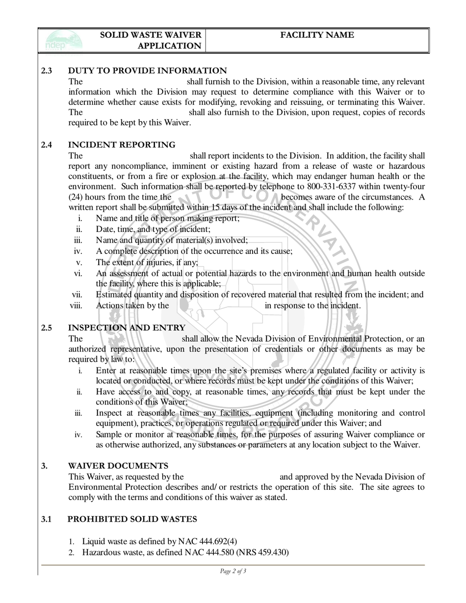 Msw Storage / Transport Waiver Application - Nevada, Page 3