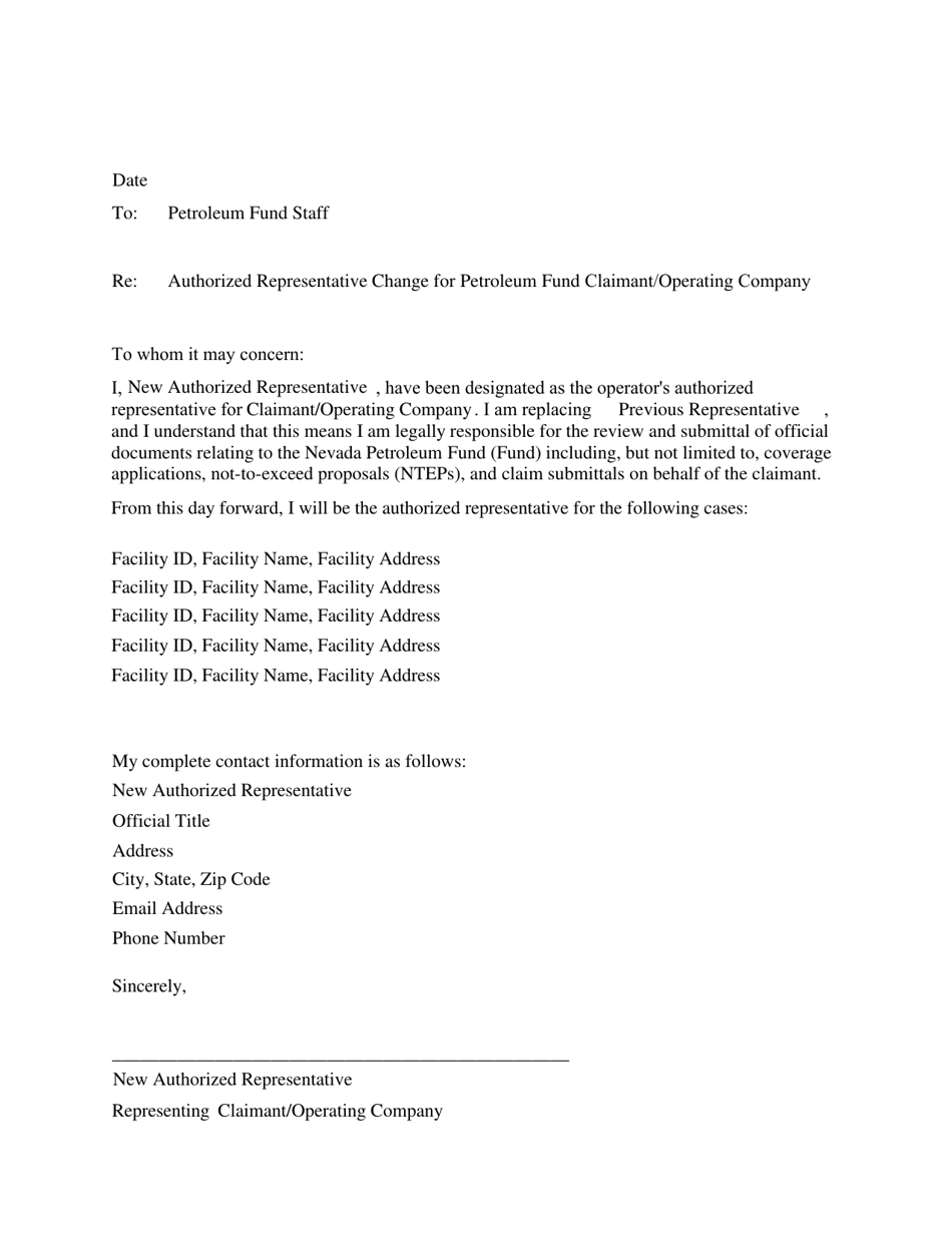 Authorized Representative Change for Petroleum Fund Claimant / Operating Company - Nevada, Page 1