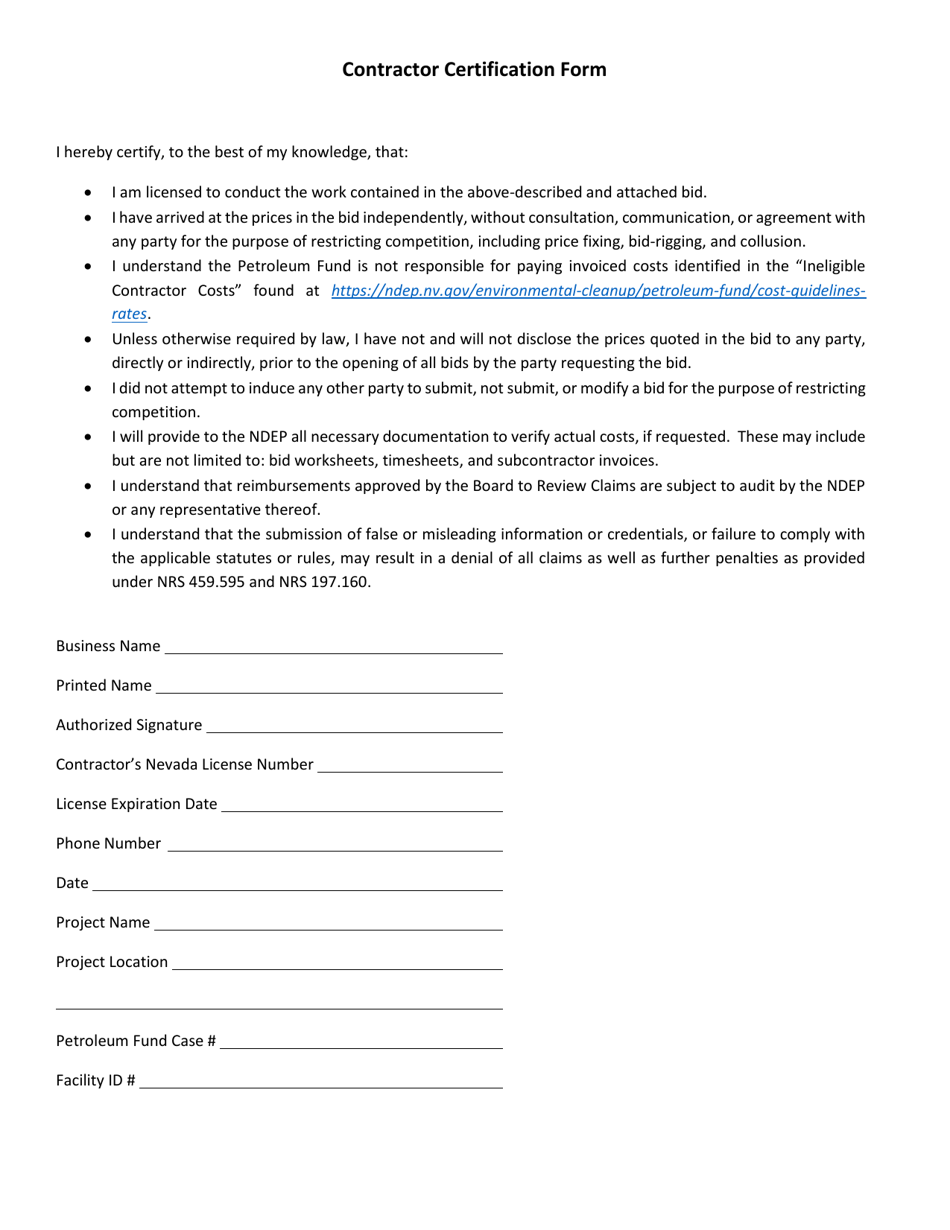 Contractor Certification Form - Nevada, Page 1
