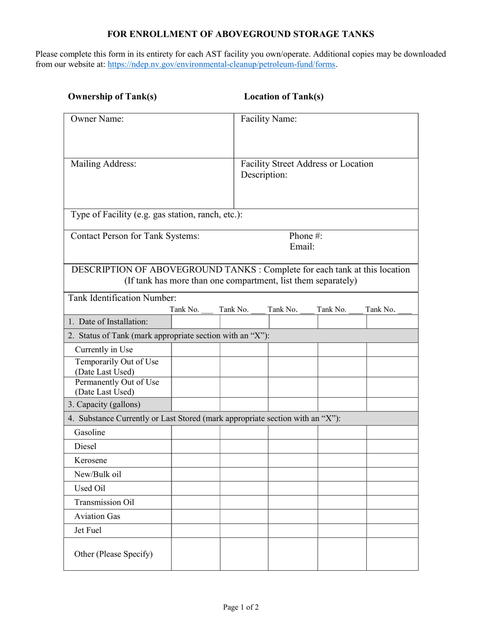 Aboveground Storage Tank Enrollment Form - Nevada, Page 1