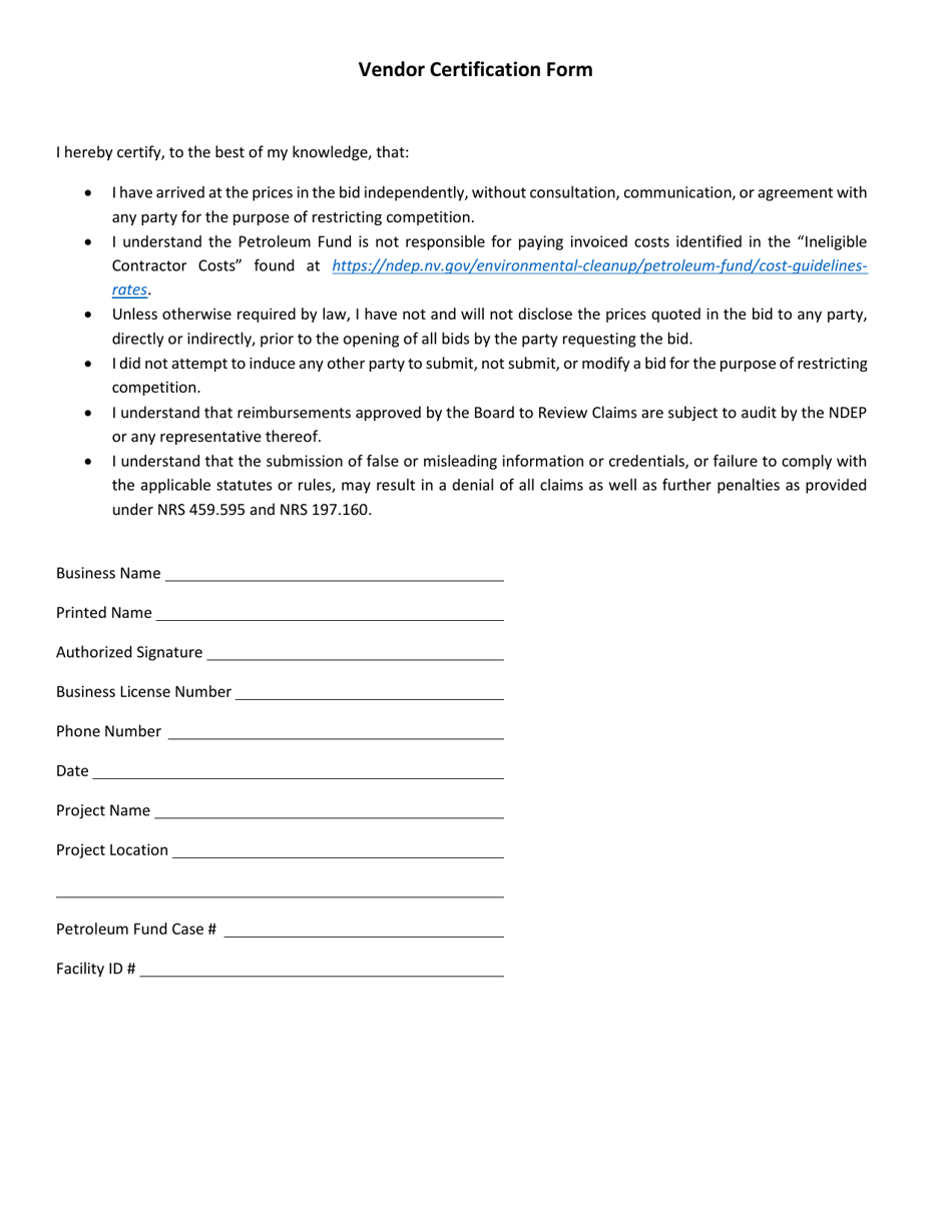 Vendor Certification Form - Nevada, Page 1