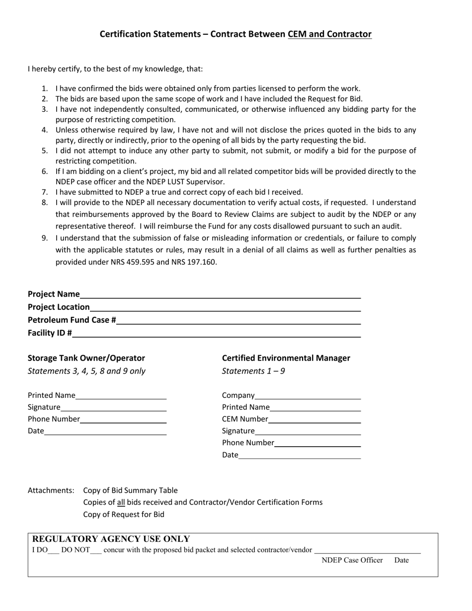 Certification Statements - Contract Between Cem and Contractor - Nevada, Page 1
