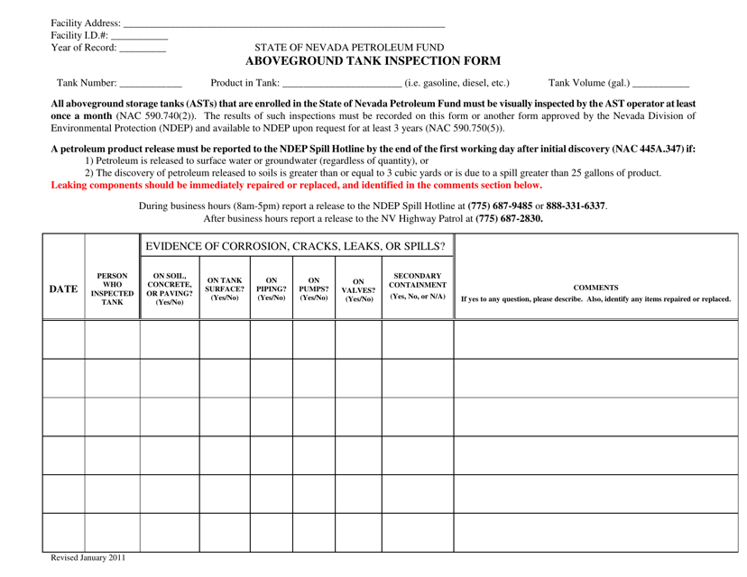 Aboveground Tank Inspection Form - Nevada Download Pdf