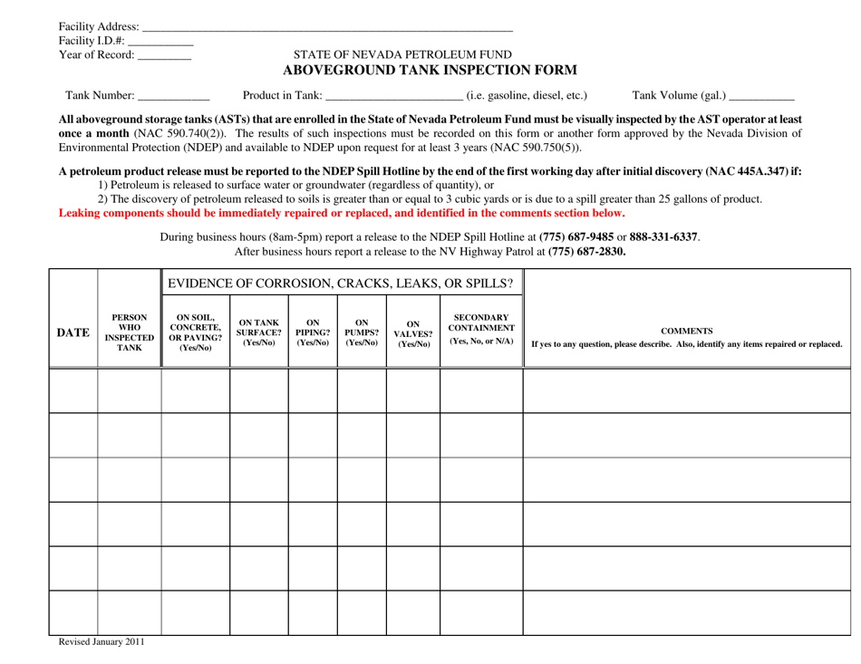 Aboveground Tank Inspection Form - Nevada, Page 1