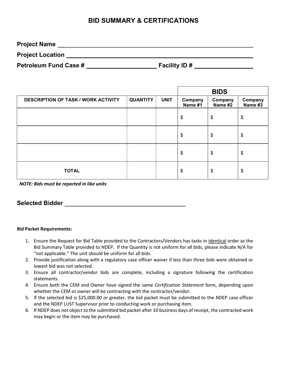 Bid Summary  Certifications - Nevada, Page 1