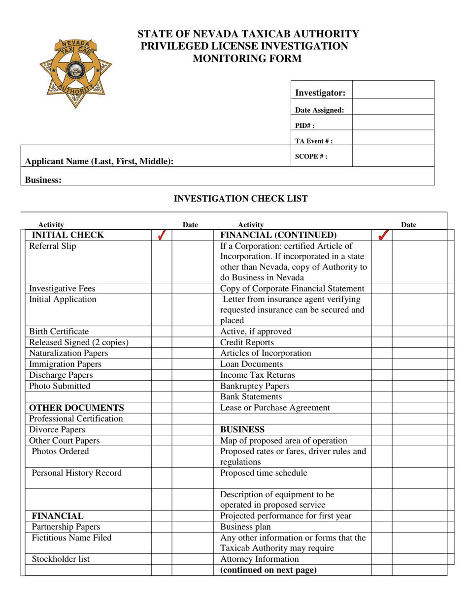 Privileged License Investigation Monitoring Form - Nevada, Page 1