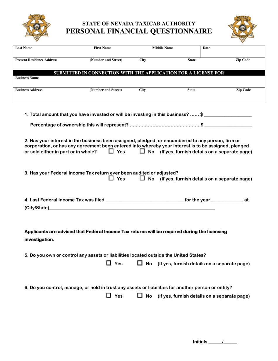 Personal Financial Questionnaire - Nevada, Page 1