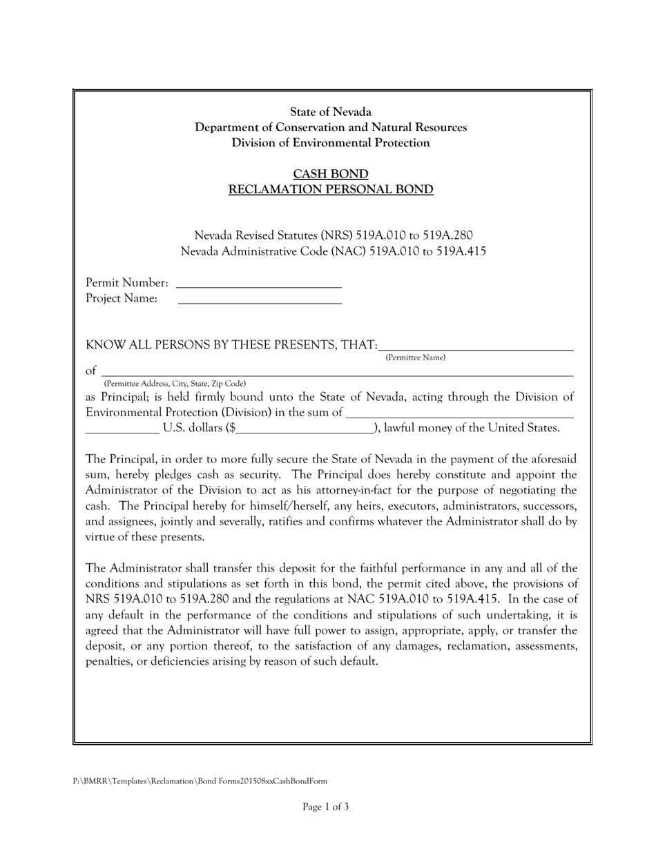 Cash Bond Reclamation Personal Bond - Nevada, Page 1