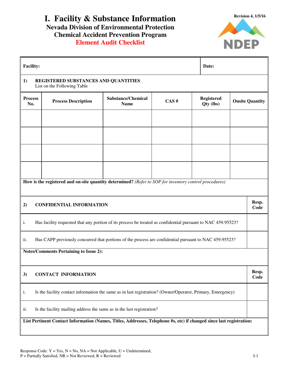 Form I Element Audit Checklist - Facility  Substance Information - Nevada, Page 1