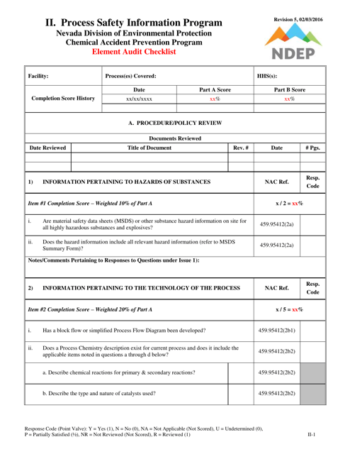 Form II Element Audit Checklist - Process Safety Information Program - Nevada