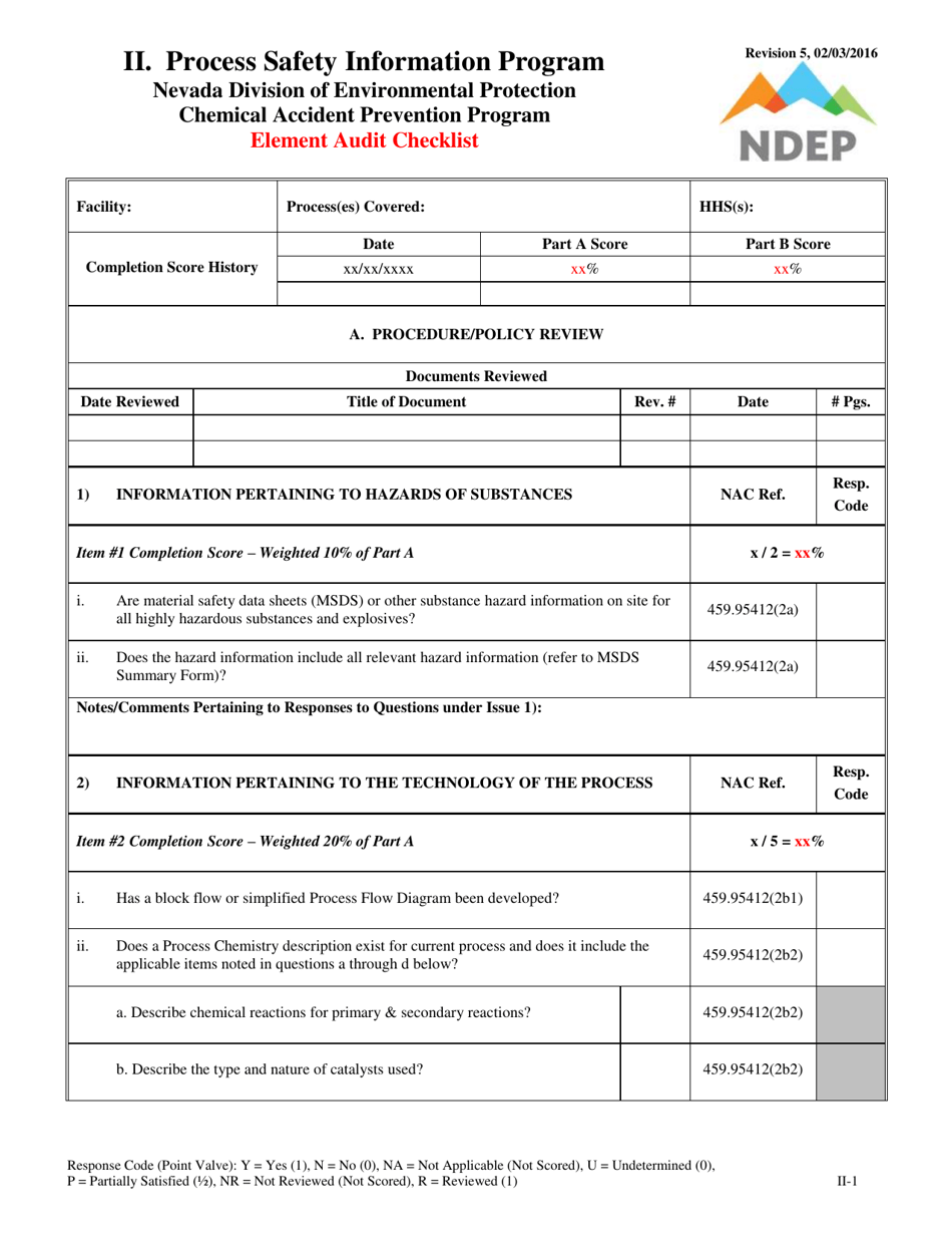 Form II Element Audit Checklist - Process Safety Information Program - Nevada, Page 1