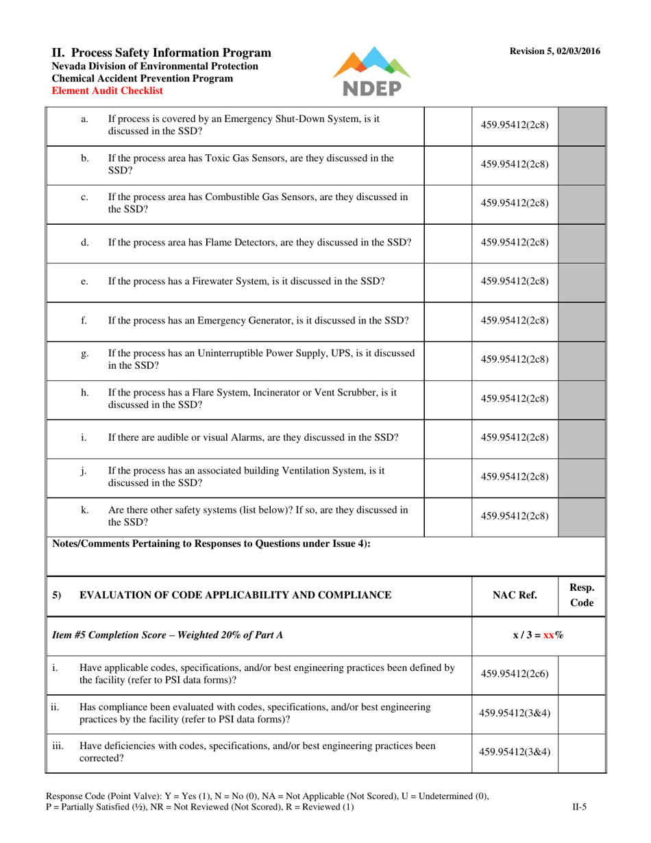 Form II Element Audit Checklist - Process Safety Information Program - Nevada, Page 5