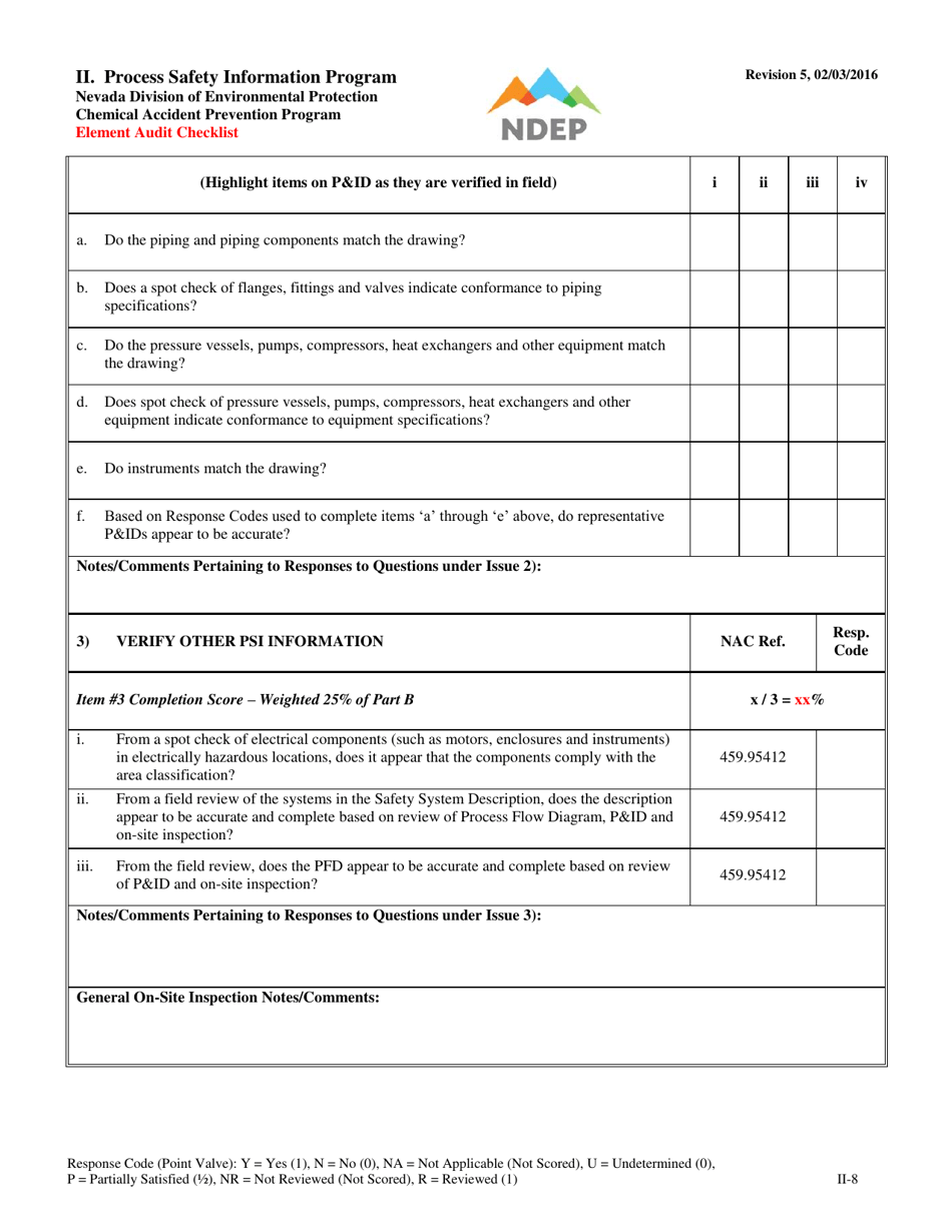 Form II Element Audit Checklist - Process Safety Information Program - Nevada, Page 8