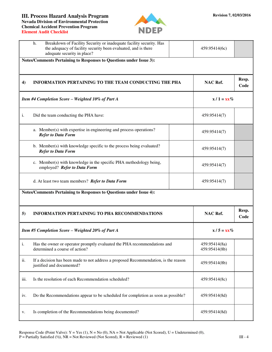 Form III Process Hazard Analysis Program Element Audit Checklist - Nevada, Page 4