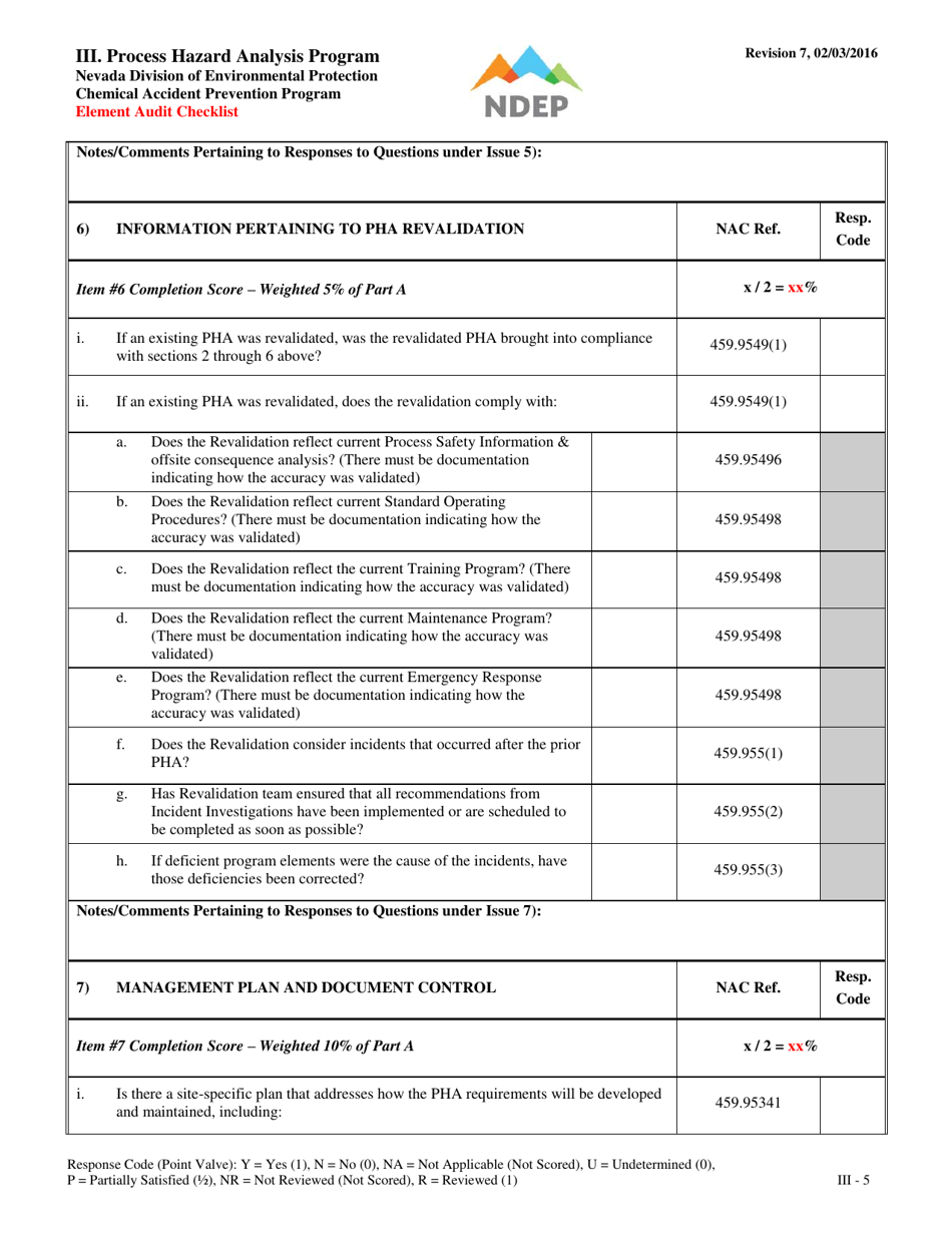 Form III Process Hazard Analysis Program Element Audit Checklist - Nevada, Page 5