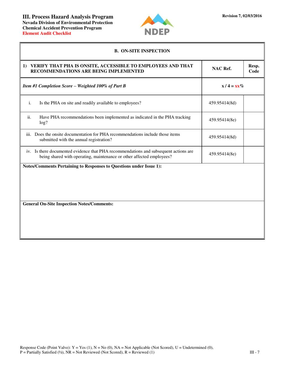 Form III Process Hazard Analysis Program Element Audit Checklist - Nevada, Page 7