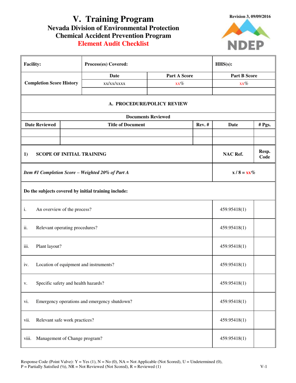 Form V Element Audit Checklist - Training Program - Nevada, Page 1