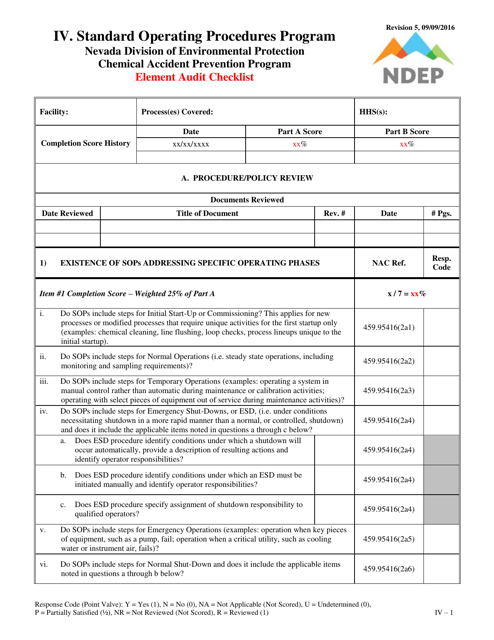 Form IV Element Audit Checklist - Standard Operating Procedures Program - Nevada