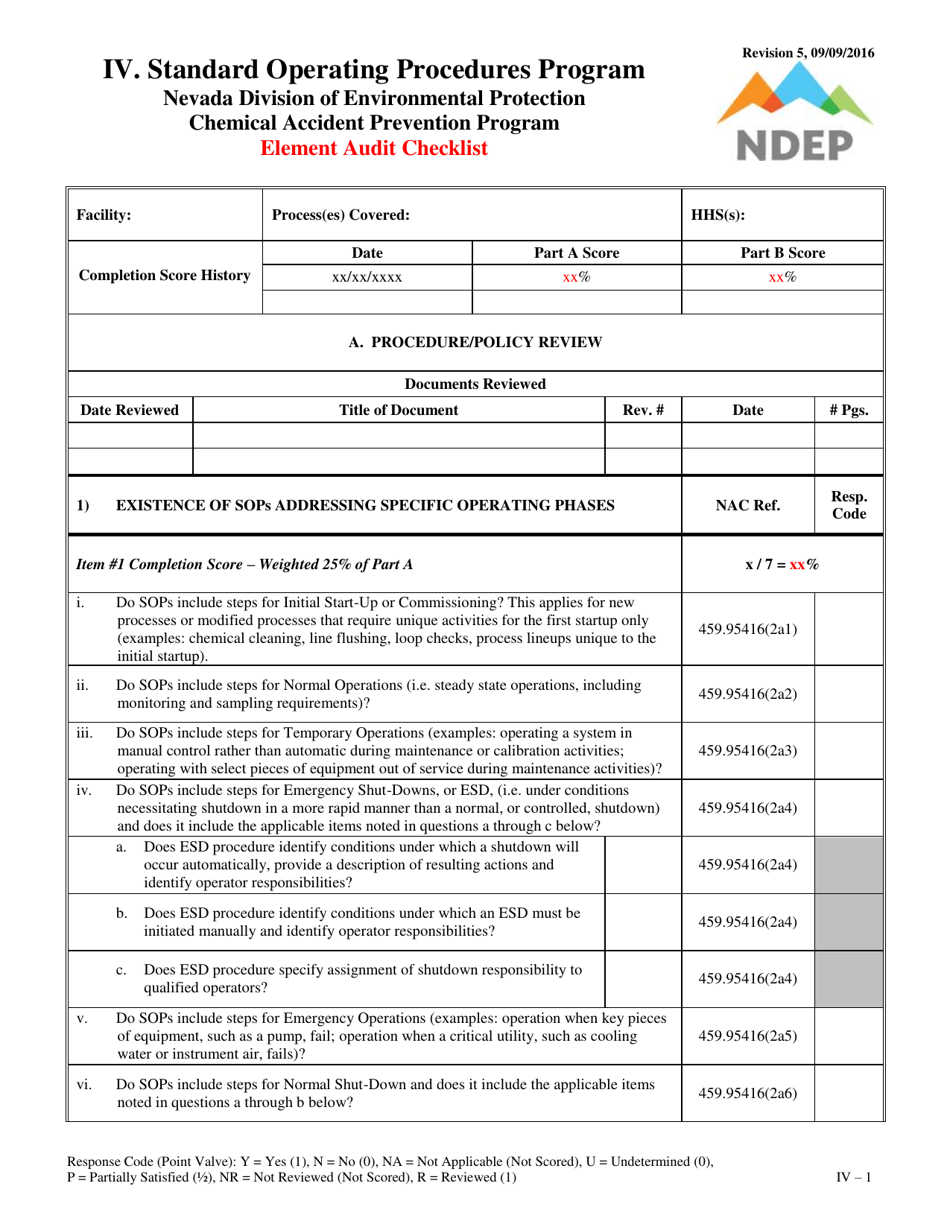 Form IV Element Audit Checklist - Standard Operating Procedures Program - Nevada, Page 1