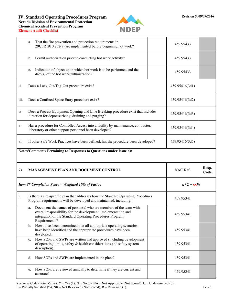 Form IV Element Audit Checklist - Standard Operating Procedures Program - Nevada, Page 5
