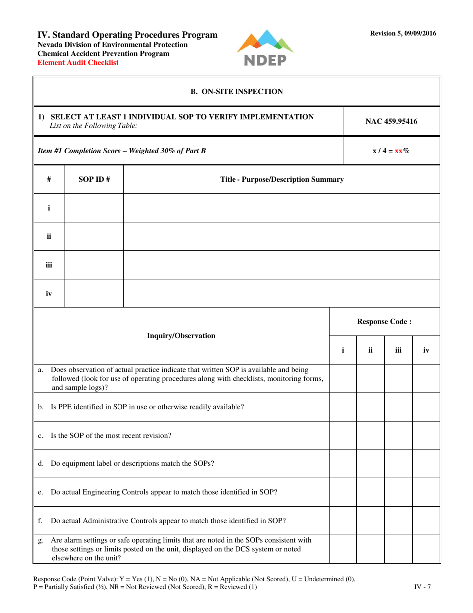 Form IV Element Audit Checklist - Standard Operating Procedures Program - Nevada, Page 7