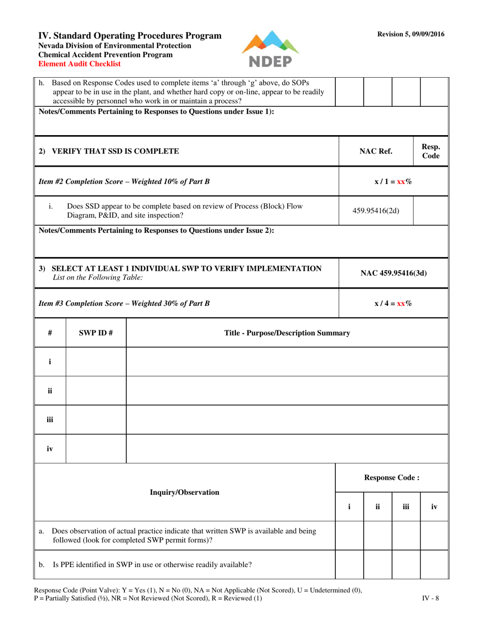 Form IV Element Audit Checklist - Standard Operating Procedures Program - Nevada, Page 8