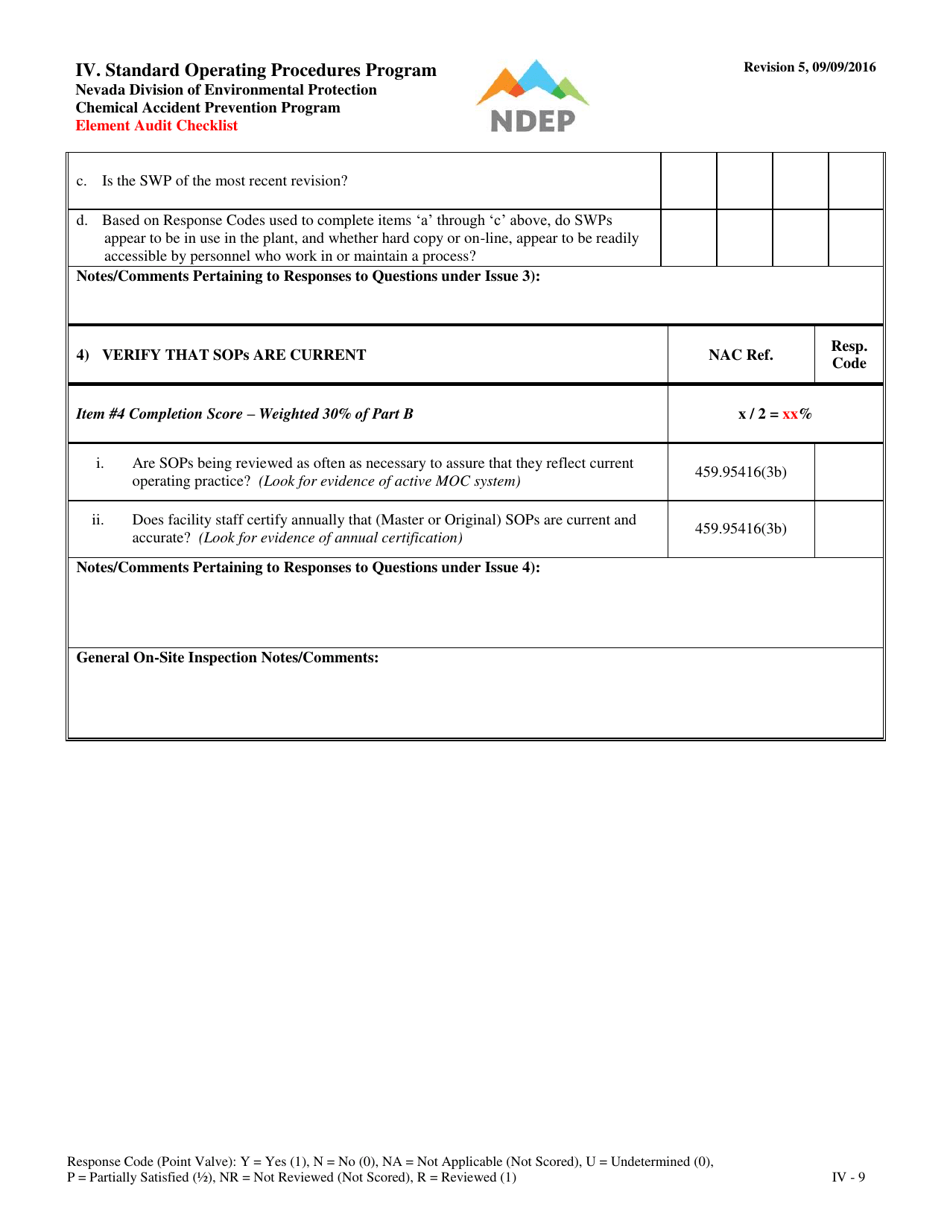 Form IV Element Audit Checklist - Standard Operating Procedures Program - Nevada, Page 9