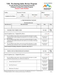 Document preview: Form VIII Element Audit Checklist - Pre-startup Safety Review Program - Nevada