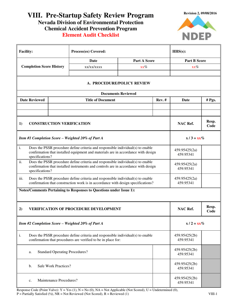 Form VIII Element Audit Checklist - Pre-startup Safety Review Program - Nevada, Page 1