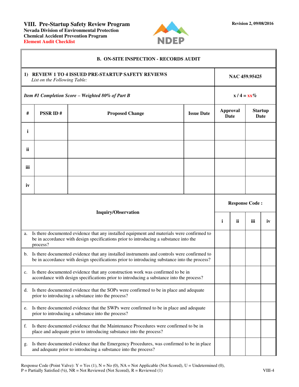 Form VIII Element Audit Checklist - Pre-startup Safety Review Program - Nevada, Page 4
