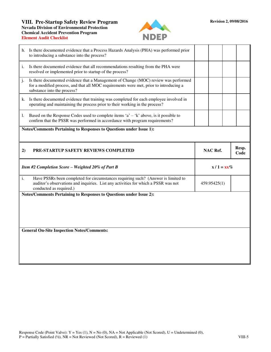 Form VIII Element Audit Checklist - Pre-startup Safety Review Program - Nevada, Page 5