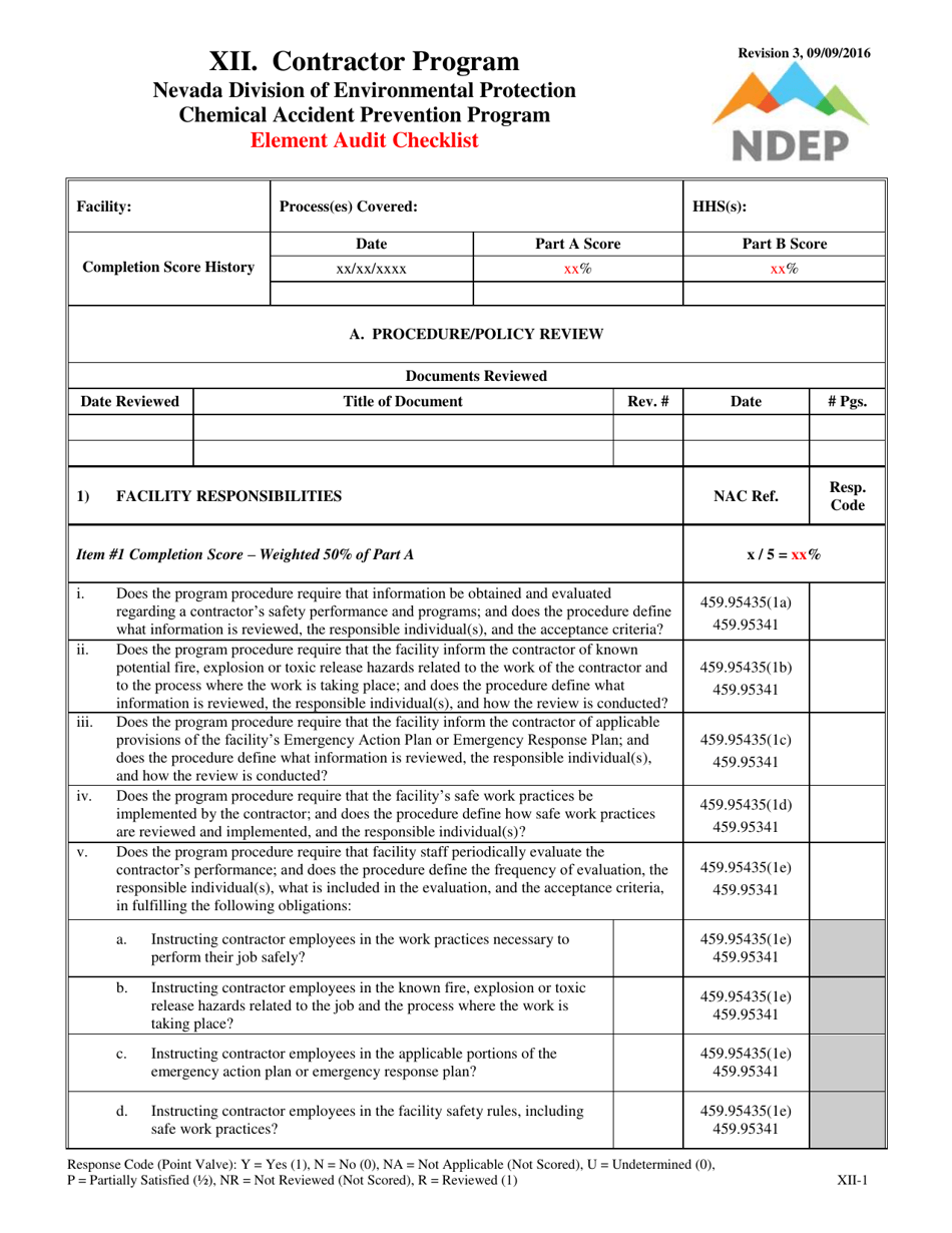 Form XII Element Audit Checklist - Contractor Program - Nevada, Page 1