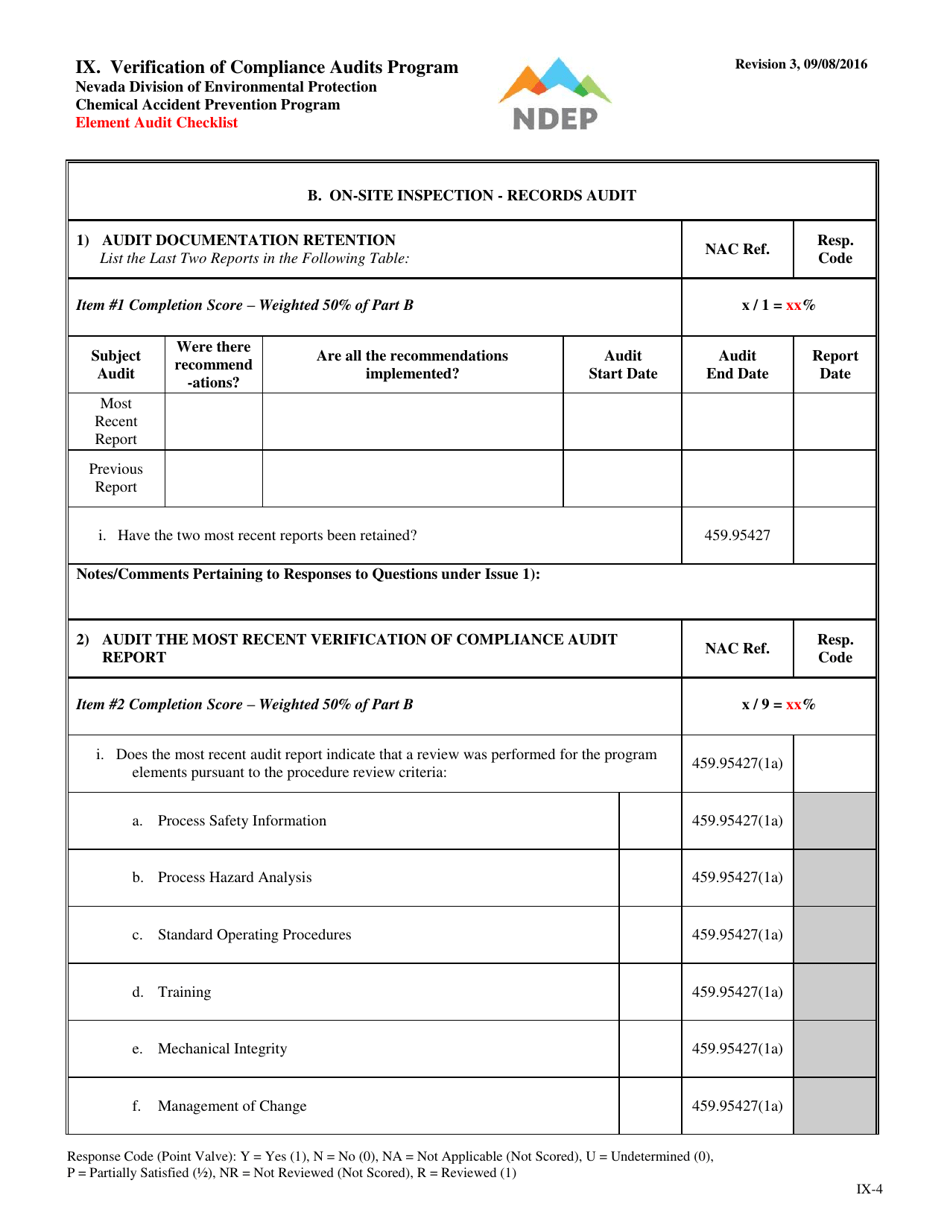 Form IX Element Audit Checklist - Verification of Compliance Audits Program - Nevada, Page 4