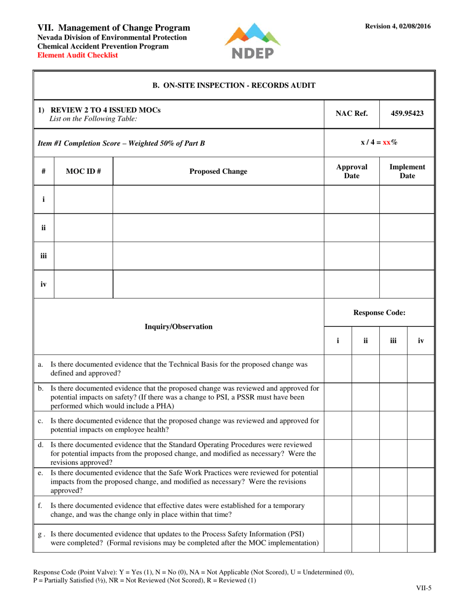 Form VII Element Audit Checklist - Management of Change Program - Nevada, Page 5