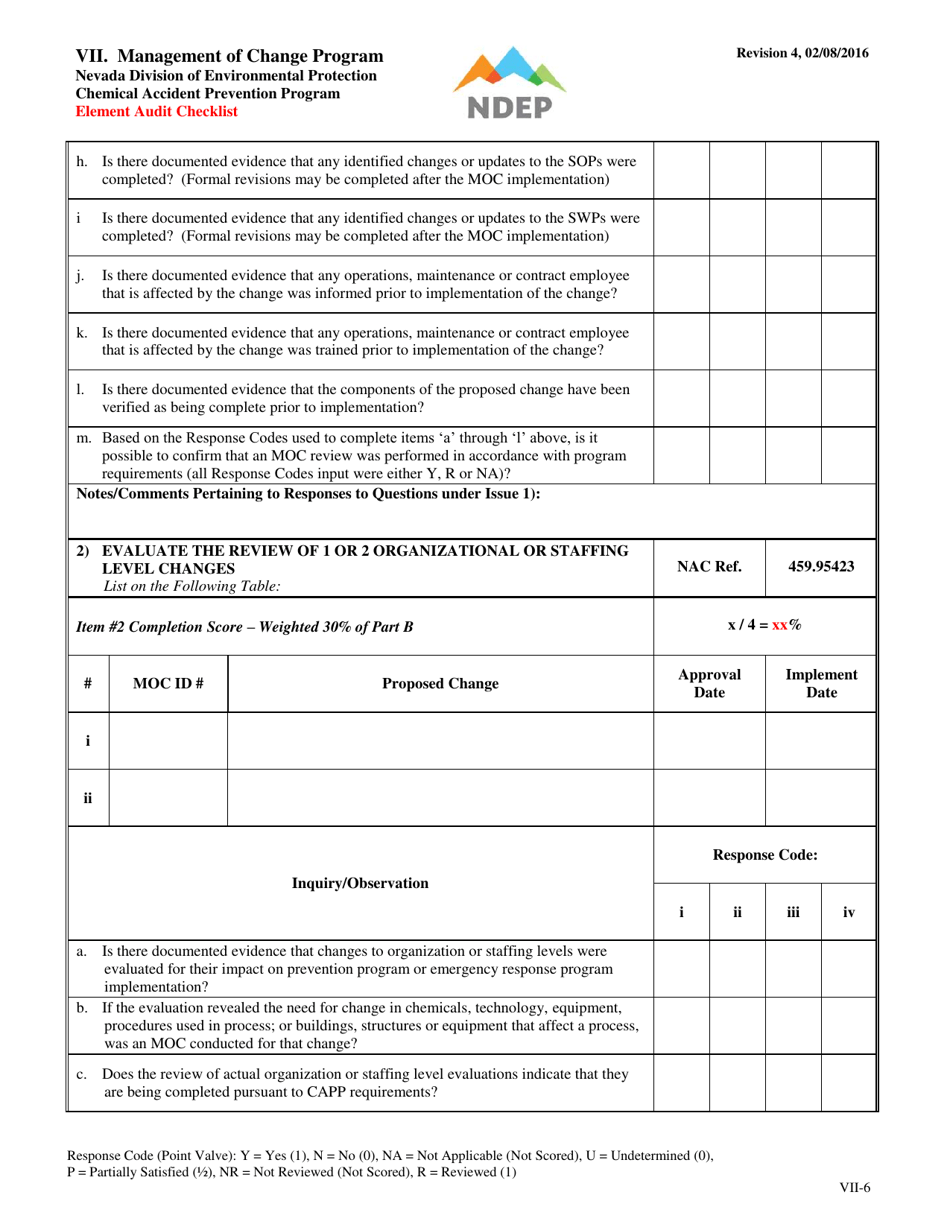 Form VII Element Audit Checklist - Management of Change Program - Nevada, Page 6