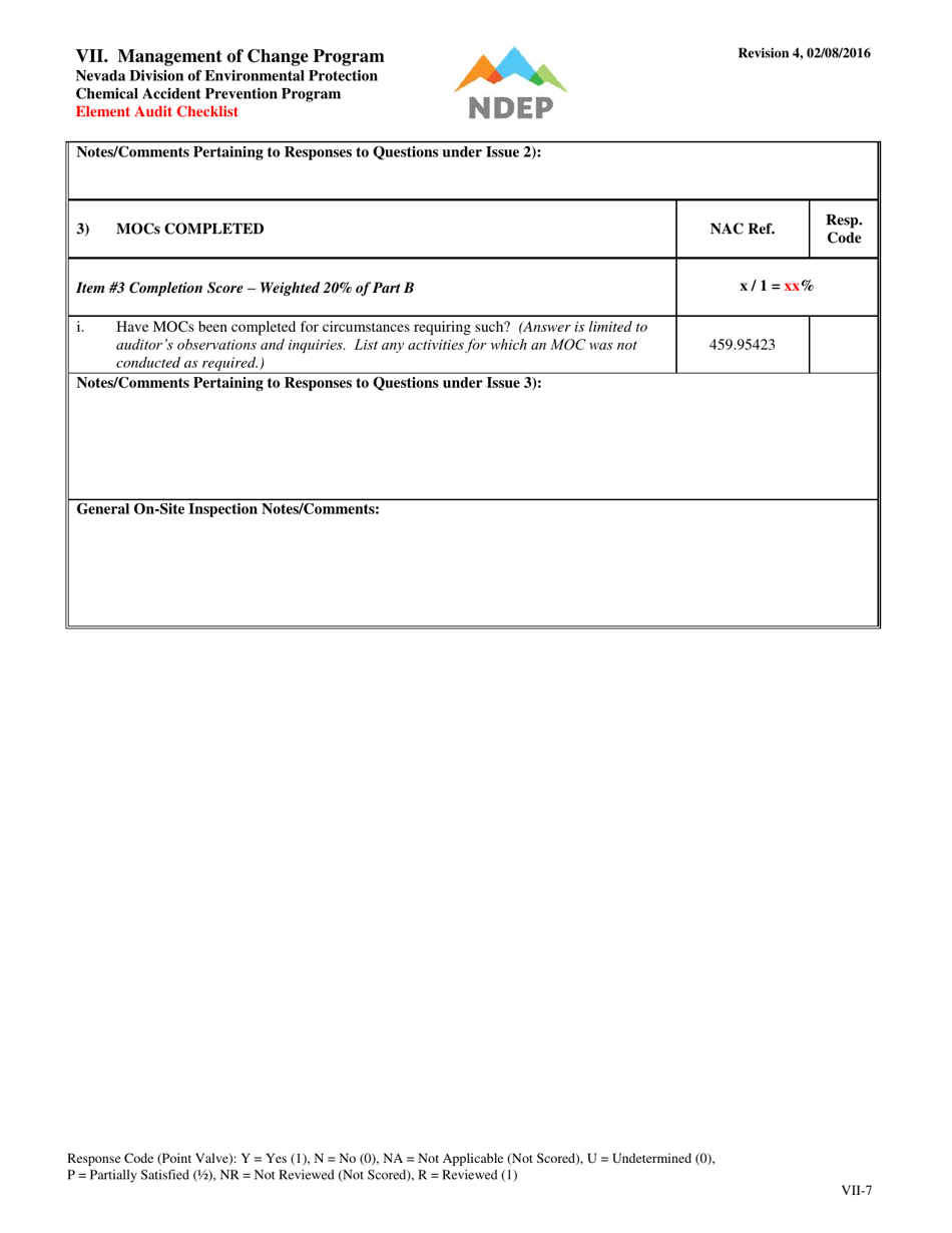 Form VII Element Audit Checklist - Management of Change Program - Nevada, Page 7